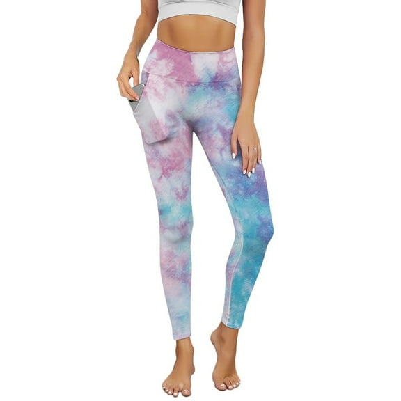 Renewold Butterfly Tie-dye Blue Violet Leggings with Pockets for Women Athletic Tights Compression Leggings High Waisted Butt Lifting Printed Pants Comfy Womens Yoga Leggings, M
