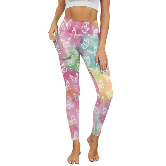 Renewold Butterfly Tie-dye Pink Yoga Pants with Pockets for Women High Waisted Workout Yoga Pants Tummy Control Buttery Soft Compression Pants Sportswear Non See-Through, XL