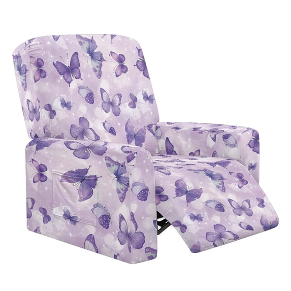 Renewold Butterfly Violet Stretch Recliner Chair Cover Washable Couch Cover Recliner 4 Pieces Polyester Spandex Reclining Slipcover Furniture Protector for Reclining Sofa