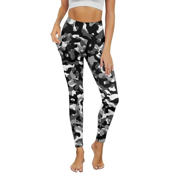 Renewold Camo Black Grey Yoga Leggings for Women with Pockets Elastic Trendy Exercise Yoga Pants High Waisted Full Length Graphic Pants for Running Sports Yoga, XS