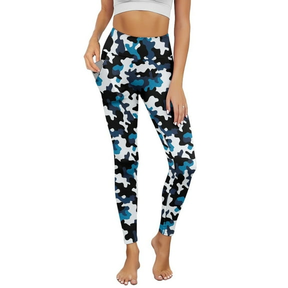 Renewold Camo Blue Black Yoga Leggings for Women with Pockets Trendy Running Yoga Pants High Waisted Tummy Control Graphic Pants Tights for Cycling Yoga Sports, XXL