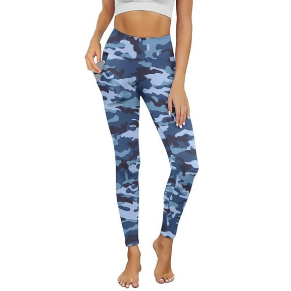 Renewold Camo Dark Blue Yoga Leggings for Women with Pockets Elastic Trendy Exercise Yoga Pants High Waisted Full Length Graphic Pants for Running Sports Party, M