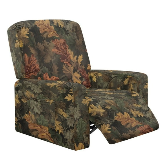 Renewold Camo Hunting Forest Leaf Recliner Cover 4 Pieces Fitted Recliner Chair Cover Soft Thick Reclining Sofa Slipcover with Storage Pocket and Elatic Straps for Cats, Dogs, Kids