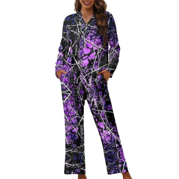 Renewold Camo Hunting Purple Forest Nightwear for Women 2 Pack Soft Long Sleeve Top and Elastic Waist Pants Set Breathable Vacation Sleep Outfits Thermal Button Pajamas Lounge Wear Size M