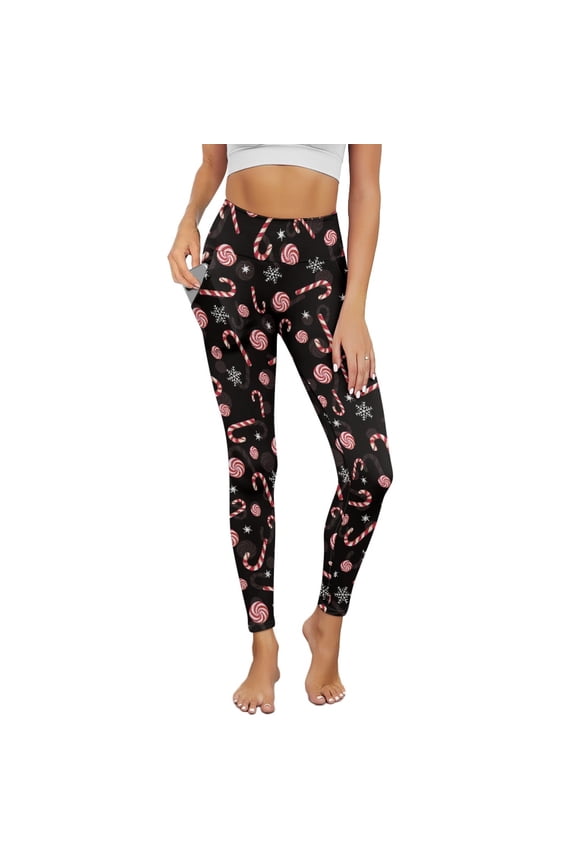 Candy Cane Snowflakes Pockets Yoga Leggings for Women Athletic Yoga Pants High Waist Scrunch Butt Lifting Printed Ankle Pants Casual Leggings 4 Way Stretch, L