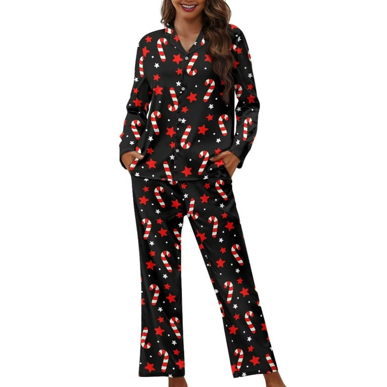 Renewold Candy Canes Stars Pajama Button Down Top 2 Pack Thermal Christmas  Outfits Top & Pants with Pockets Matching Set Trendy Sleepwear for Women  Size XL 