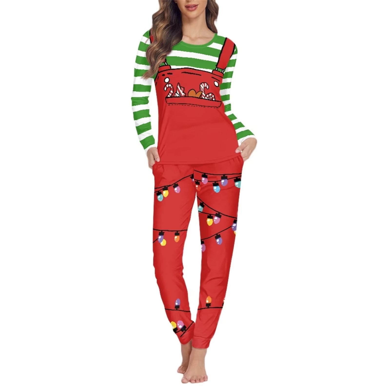 Renewold Candy Canes Xmas Lights Sleepwear for Women Home Long Sleeve