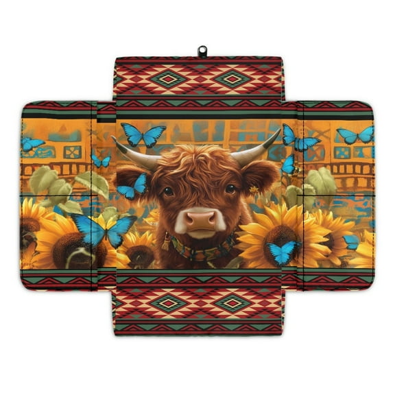 Renewold Car Center Console Armrest Cover Soft Armrest Cover Lid Non-slip Middle Console Cover with Side Storage Pocket for Car Seat Organizer, American Tribal Highland Cattle Sunflower Butterfly Red