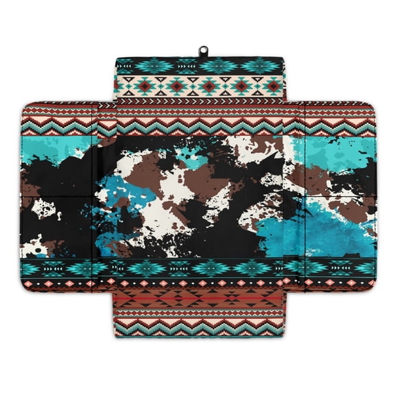 Renewold Car Center Console Cover Scratch Resistant Armrest Seat Box Cover with Organizer Pockets Console Lid Protector Cushion Fit for Most Cars Vehicles SUVs, American Tribal Cow Print Teal Brown