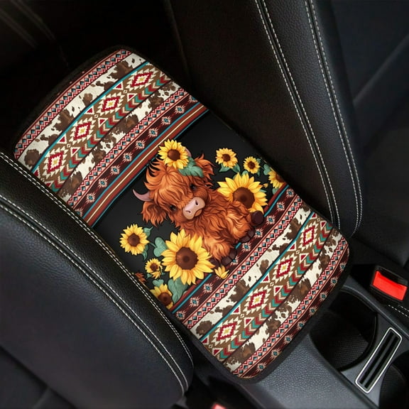 Renewold Car Center Console Cover for Women Men, Comfortable Car Accessories Fit Most Vehicle, Soft Armrest Cover Pad, American Tribal Highland Cow Sunflower Claret