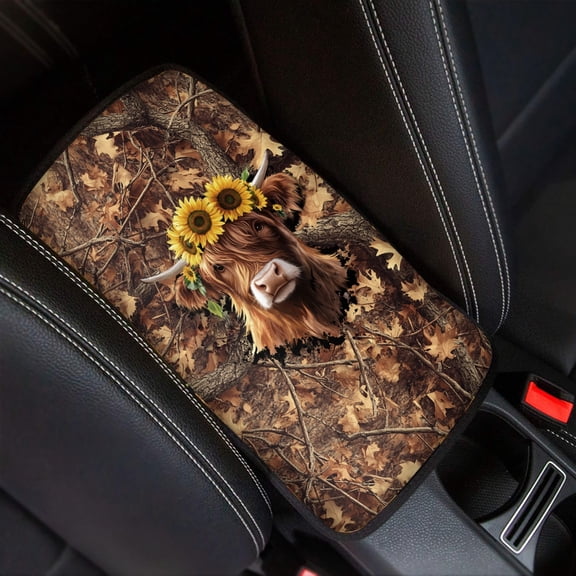 Renewold Car Center Console Cover for Men Women Novelty Car Armrest Cushion Vehicle Interior Accessories Protector, Highland Cow Camo Hunting Forest