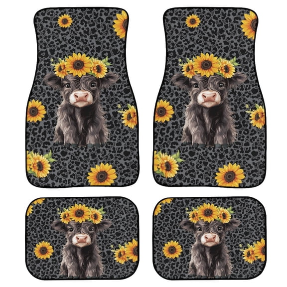 Renewold Car Floor Mats 4 PCS Universal Fit Heavy Duty Front & Rear Car Carpet for Most Vehicles, Auto Interior Accessories Decor, Highland Cow Sunflower Black Leopard Print