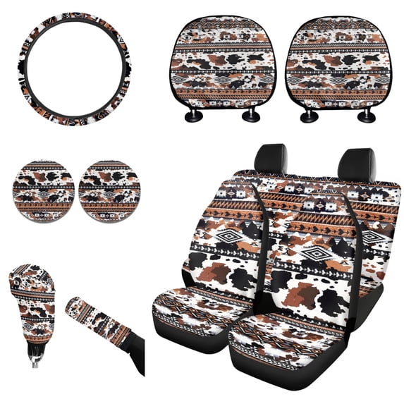 Renewold Car Seat Cover Full Set 11 Pack, with Steering Wheel Gear Shift Knob Handbrake Headrest Protector Coasters Auto Accessories Decor Universal Fit, American Tribal Cow Print Black Brown