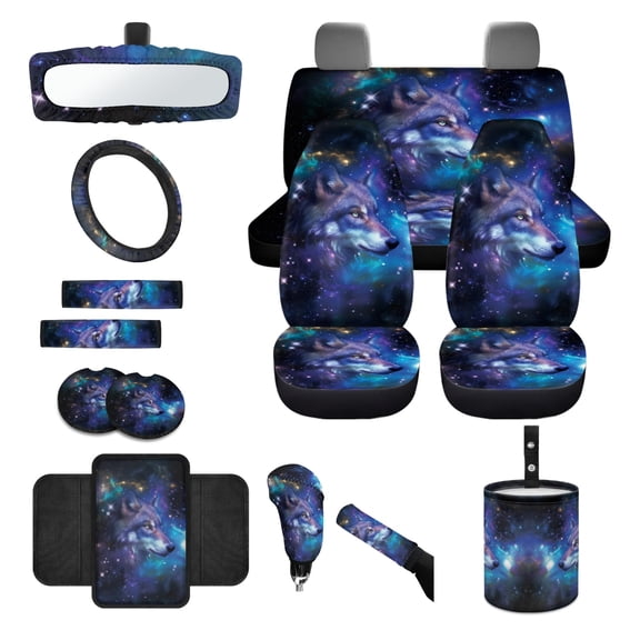 Renewold Car Seat Cover Full Set 14 Pack, with Steering Wheel Seat Belt Rear View Mirror Center Console Trash Can Coaster Gear Shift Knob Cover Set Universal Fit, Wolf Galaxy