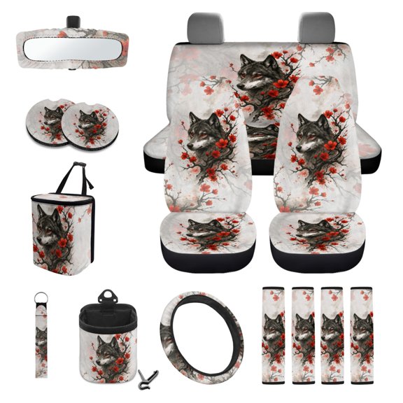 Renewold Car Seat Cover Full Set 15 PCS, with Steering Wheel Seat Belt Rear View Mirror Cover Trash Bag Air Vent Phone Holder Coasters Key Chain Auto Interior Accessories, Wolf Plum Blossom