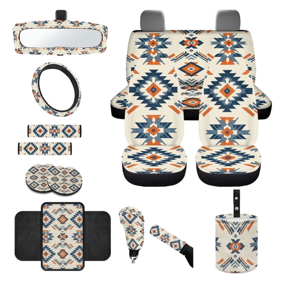 Renewold Car Seat Cover Set 14 PCS, with Steering Wheel Seat Belt Pad Garbage Bin Armrest Pad Rearview Mirror Handbrake Cover Set Coaster Fit Most Vehicles, Southwest American Tribal Blue Orange