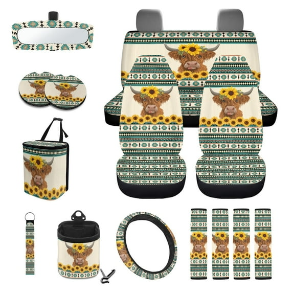 Renewold Car Seat Cover Set 15 PCS, with Steering Wheel Seat Belt Strap Rear View Mirror Cover Trash Can Cup Coaster Keychain Air Vent Storage Bag, American Tribal Highland Cow Sunflower Blue
