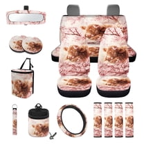 Renewold Car Seat Cover Set 15 PCS, with Steering Wheel Seat Belt Strap Rear View Mirror Cover Trash Can Cup Coaster Keychain Air Vent Storage Bag Universal Fit, Highland Cow Pink Floral