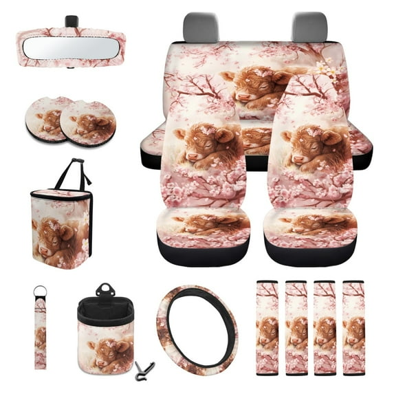 Renewold Car Seat Cover Set 15 PCS, with Steering Wheel Seat Belt Strap Rear View Mirror Cover Trash Can Cup Coaster Keychain Air Vent Storage Bag Universal Fit, Highland Cow Pink Floral