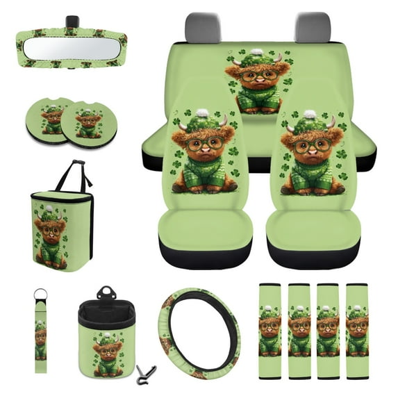 Renewold Car Seat Cover Set 15 Pack, Steering Wheel Seat Belt Strap Rearview Mirror Cover Garbage Can Air Vent Pouch Coasters Keychain Fit SUV Sedans for St. Patrick's Day, Highland Cow Clover Green