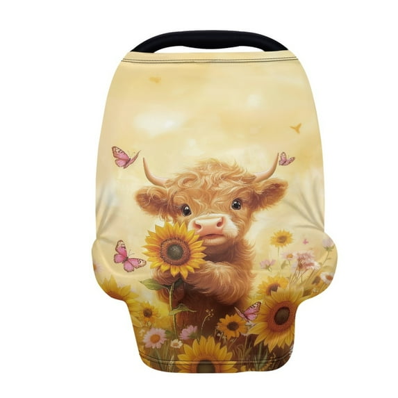 Renewold Car Seat Covers for Babies Girls Boys, Stretchy Carseat Canopy Soft Baby Breastfeeding Nursing Scarf Infant Stroller Cover Halloween Decor, Cute Highland Cow Sunflower