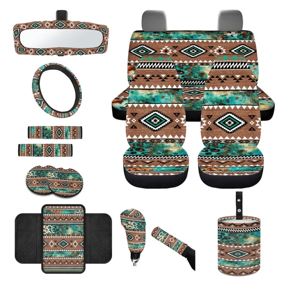 Renewold Car Seat Covers Full Set 14 PCS, with Steering Wheel Seat Belt Pads Coasters Waste Bin Armrest Pad Cup Holders Rearview Mirror Handbrake Cover Set, American Tribal Leopard Print Brown Teal