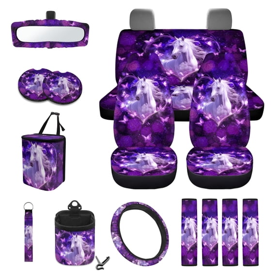 Renewold Car Seat Covers Set for Front Back Seats, with Steering Wheel Rear View Mirror Cover Safe Belt Pads Coasters Garbage Can Keychain Air Vent Storage Bag, 15 PCS, Horse Butterfly Rose Purple