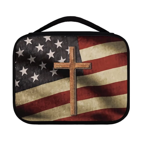 Renewold Casual Bible Bags and Totes for Men Cross American Flag Bible Case with Handle and Zippered Back Pocket Multi-Function Bible Organizer, 4th of July