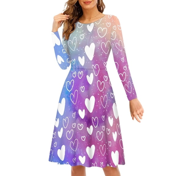 Renewold Casual Colorful Twirly Skater Dress Heart Graphic High Waistline Pleated T-Shirt Dress Size L Trendy Women Crew Neck Midi Dress for Fall Winter Spring, Valentine's Day