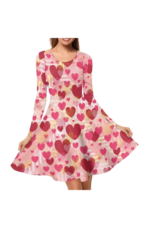 Casual Long Sleeve Women Dress Fit and Flare Valentine's Day Gifts Red Pink Hearts Knee Length Dress Skin Friendly Flowy Swing Shift Dresses Size M