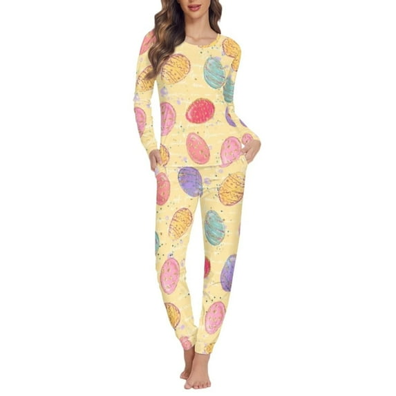 Renewold Casual Nightwear Pajama Set Colorful Easter Egg Sleepwear for Women Size L 2 Packs Elastic Long Sleeve Nightclothes Top & Pants with Pockets