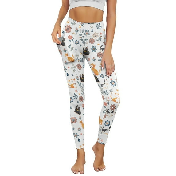 Renewold Cat Floral White Leggings with Pockets for Women Ladies Athletic Pants Compression Leggings High Waisted Butt Lifting Printed Leggings Womens Preppy Leggings, 3XL