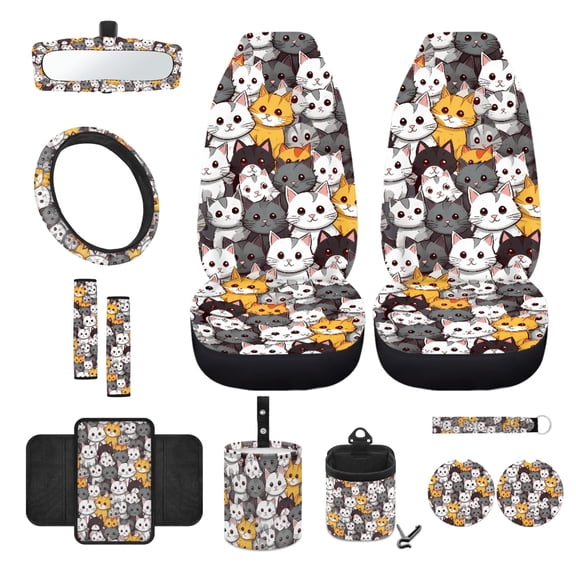 Renewold Cat Yellow Grey Car Seat Cover Front Seat Cover 12 PCS, with Steering Wheel Cover Seat Belt Pad Armrest Cover Garbage Bag Air Vent Bag Rearview Mirror Cover Coasters Key Chain Universal Fit