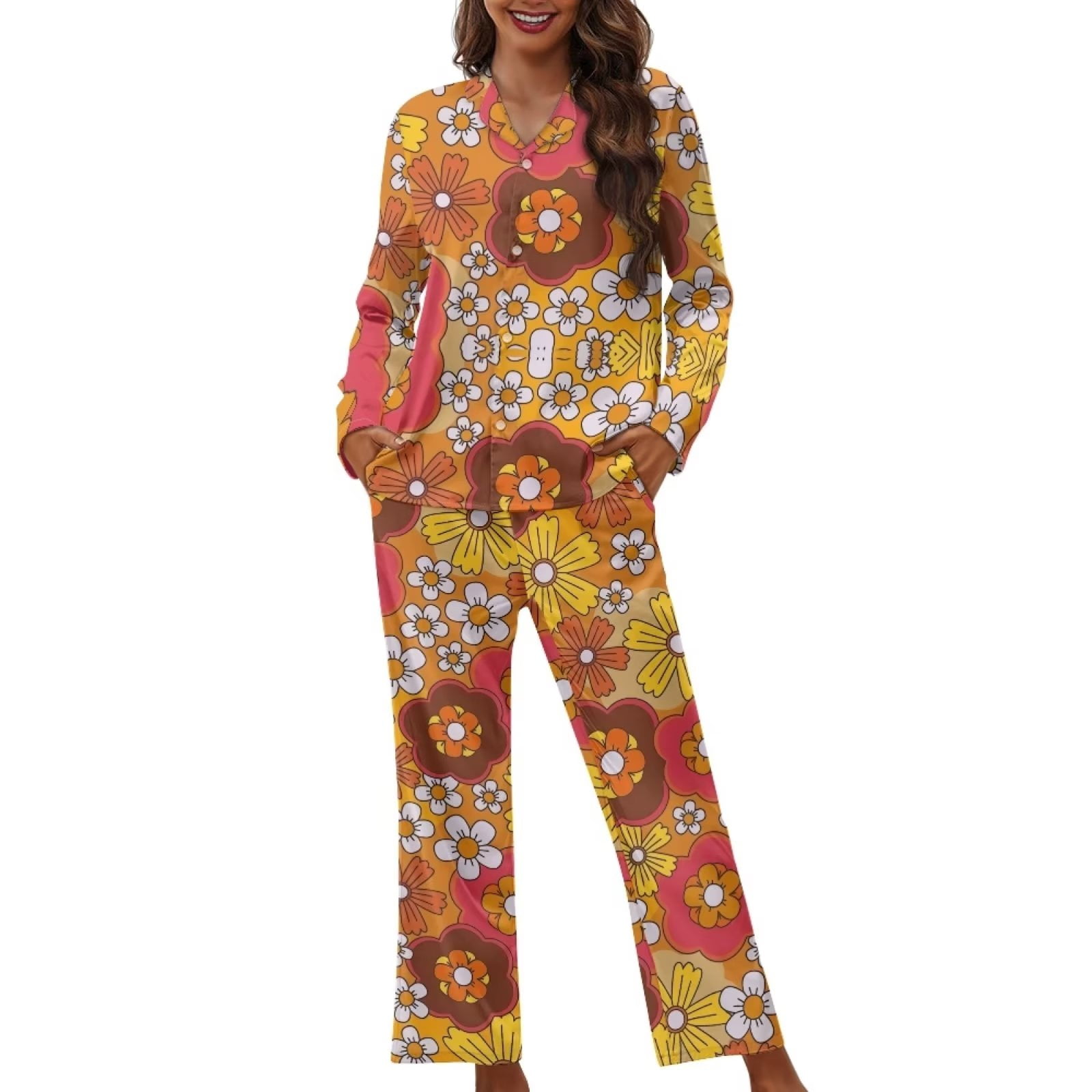 Renewold Colorful Hippie Flowers Button Down Pajamas for Women Size XS  Durable Shirt and Elastic Waist Pants 2 Pieces Soft Scoop Neck Lounge Set  for
