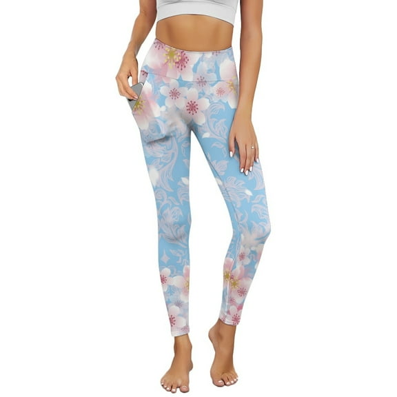 Renewold Cherry Blossom Blue Leggings for Women with Pockets Running Pants Tight High Waisted Spandex Graphic Leggings Trendy Essential Pants Scrunch Butt Lifting, XS