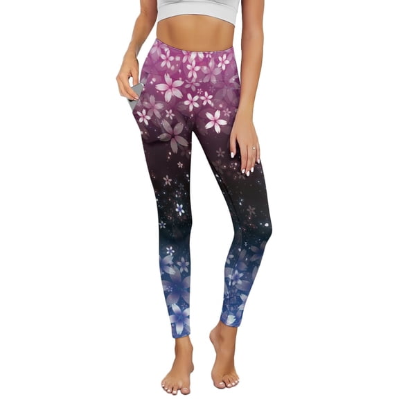 Renewold Cherry Blossom Pink Blue Yoga Pants with Pockets for Women Stretch High Waisted Tummy Control Workout Tights Buttery Soft Graphic Leggings Sportswear Basic Pants, 3XL