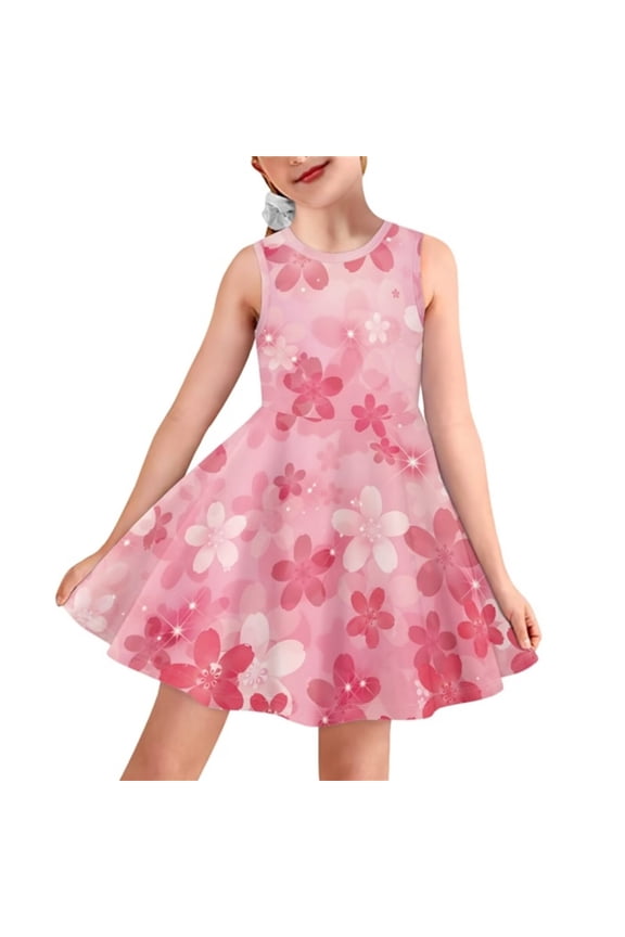 Cherry Blossom Tank Top Dresses for Girls 13-14 Years Fashion Girls Sleeveless Party Dress Pink Swing Twirl Dress Cozy Summer High Waistline Jumpskirt