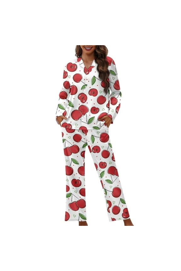 Cherry Graphic Button Pajama Shirt Set 2 Pack Relaxed Pullover Tops Women Casual Loungewear Thermal Scoop Neck Tracksuit Comfort Sleepwear Size XL