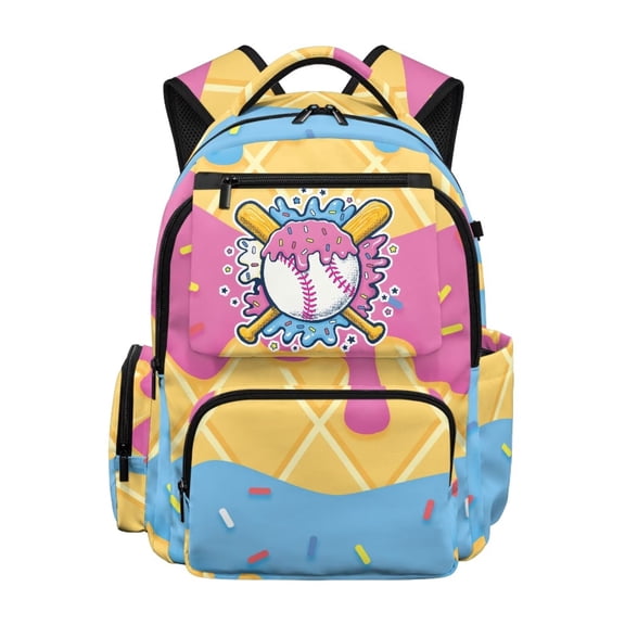 Renewold Children School Backpack for Boys Girls Teens Large Capacity 17'' Travel Backpack with Multiple Pockets Back to School Bag for for Elementary Students, Baseball Sprinkle Ice Cream Print