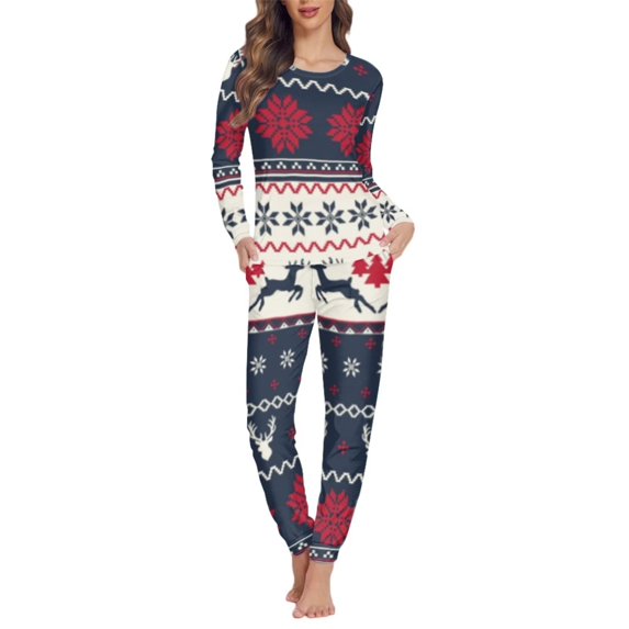 Renewold Christmas Aztec Ethnic Graphic Nightwear for Women Reindeer Size 6XL Crew Neck Pajamas Tracksuit Comfort Athletic Clothing Sleepwear Set of 2