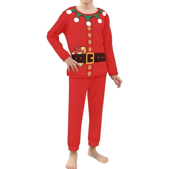 Renewold Christmas Elf Graphic Red Pajama Set of 2 Kids Loose Long Sleeve Pajama Shirt & Stretchy Pants with Pockets Casual Life Soft Loungewear Sleepwear Size 5-6