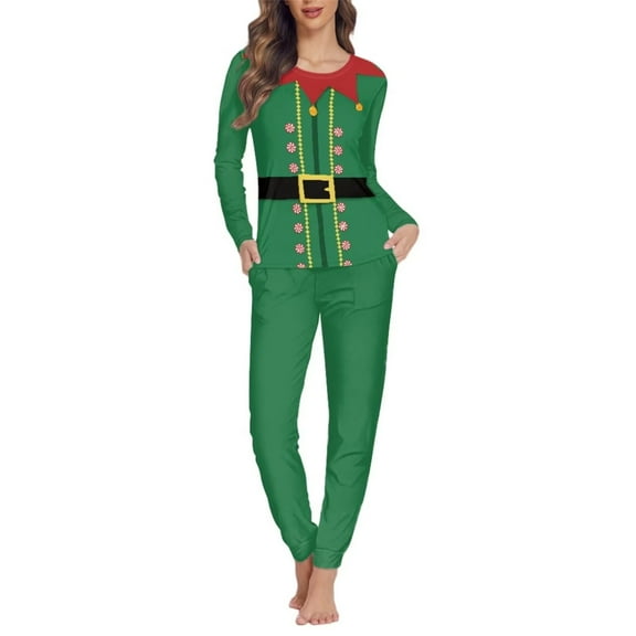 Renewold Christmas Elf Pajamas Pants for Ladies Multi-Season Comfy Long Sleeve Top & Pants Set of 2 Thermal Loose Fitting Sleepwear Nightwear Stylish Pullover Top Size XL