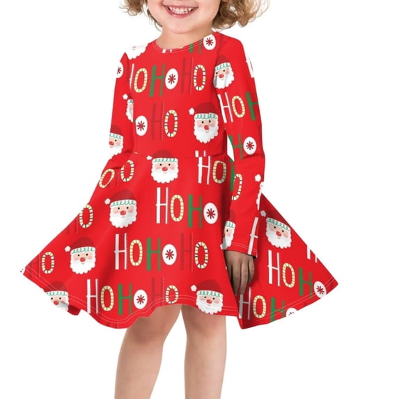 Renewold Christmas Long Sleeve Round Neck Midi Dress for Kids Girls HO-HO-HO Santa Swing Twirl Dresses Lightweight Party Dance Skater Sundress Size L