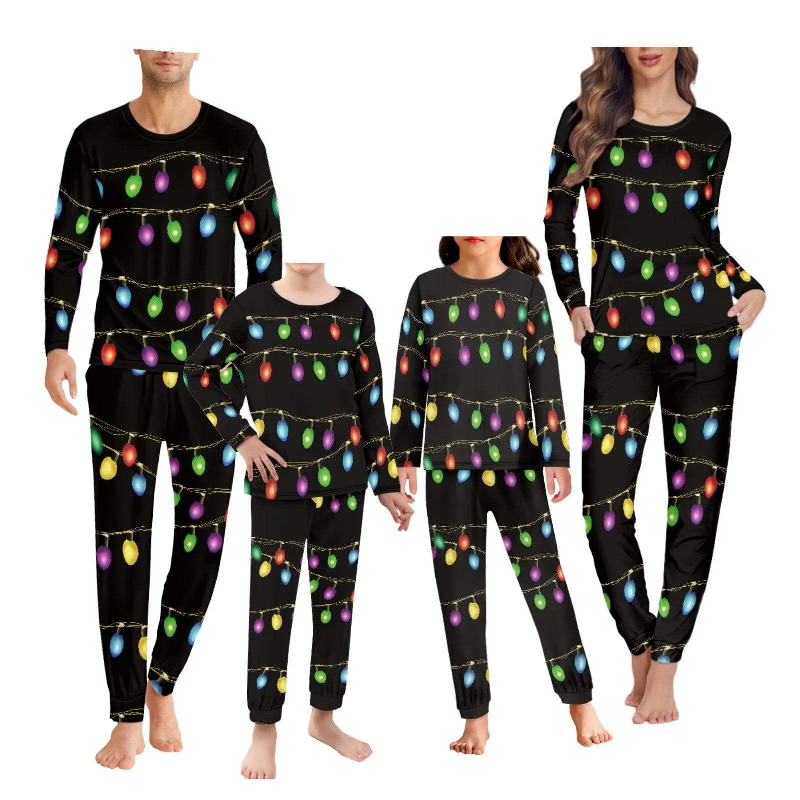 Renewold Christmas Matching Holiday Pajamas for Family Colorful Lights PJ Top and Pants 2pcs,Size XL Men's Long Sleeve Scoop Neck Nightwear Lounge Set