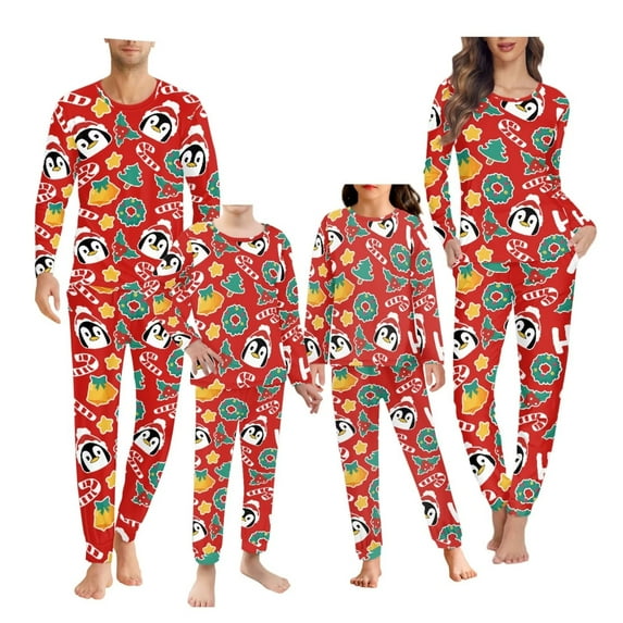 Renewold Christmas Pajamas for Family Matching Pjs Long Sleeve Sleepwear Size M Holiday Xmas Women Loungewear with Pockets 2pcs Penguin Wreaths Jogger/Walking Tracksuit