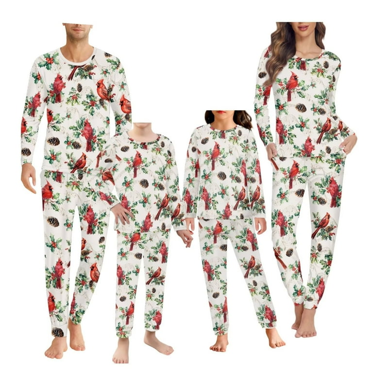 Renewold Christmas Pajamas for Family Northern Cardinal Pinecones Long Sleeve Pullover Tops Pants Set of 2 Comfy Women Sweatsuit for Vacation Sport