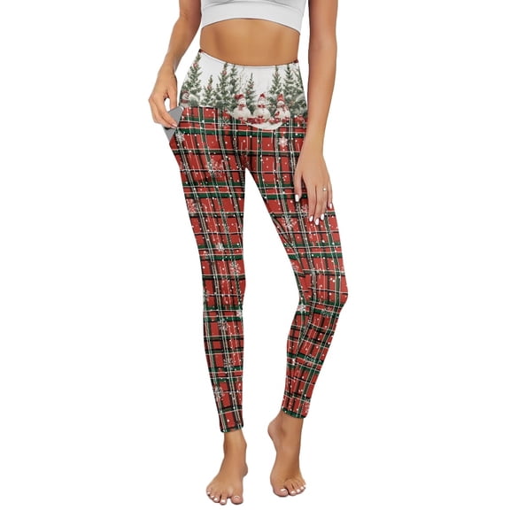 Renewold Christmas Plaid Snowman Tree Yoga Leggings for Women with Pockets Stretchy Fashion Exercise Yoga Pants High Waisted Full Length Graphic Pants for Running Cycling Yoga, S