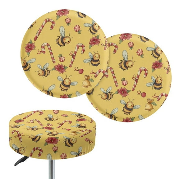Renewold Christmas Seat Cover for Round Bar Stool, 2 Pack Cute Bee Print Candy Cane Yellow Non-Slip 12-14 Inch Bar Stool Slipcover Vanity Seat Stool Slipcovers Christmas Decor