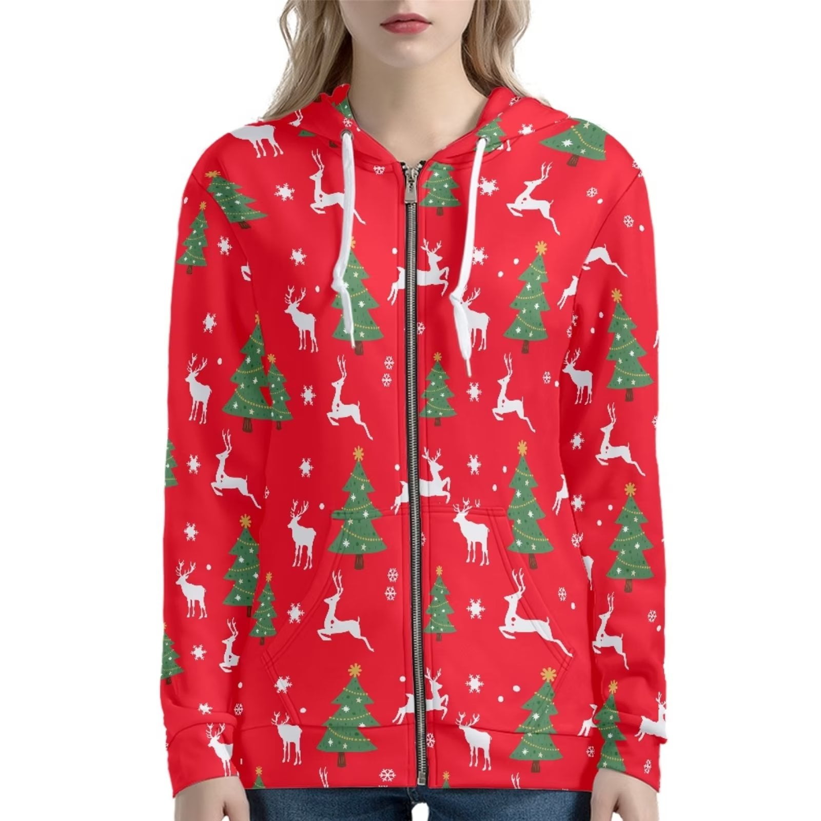 Renewold Christmas Theme Full Zip Sweatshirt Jacket Hoodies with Kangaroo Pocket Xmas Trees