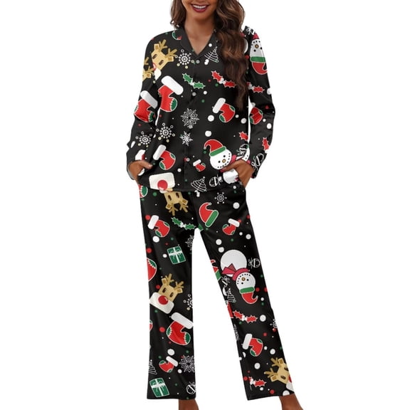 Renewold Christmas Theme Pajama Button Down Shirts for Women Fashion Snowflake Santa Hat Pjs Sleepwear Set 2 Packs Thermal Long Sleeve Athletic Clothing Size 3XL